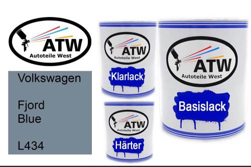 Volkswagen, Fjord Blue, L434: 1L Lackdose + 1L Klarlack + 500ml Härter - Set, von ATW Autoteile West.